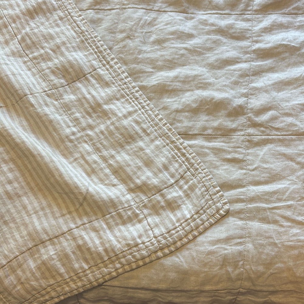 European Flax Linen Classic Stripe Box Stitch Quilt Set, Full/Queen